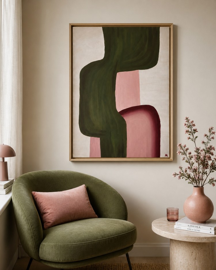 Abstracte kunst met beige tinten en groen met roze