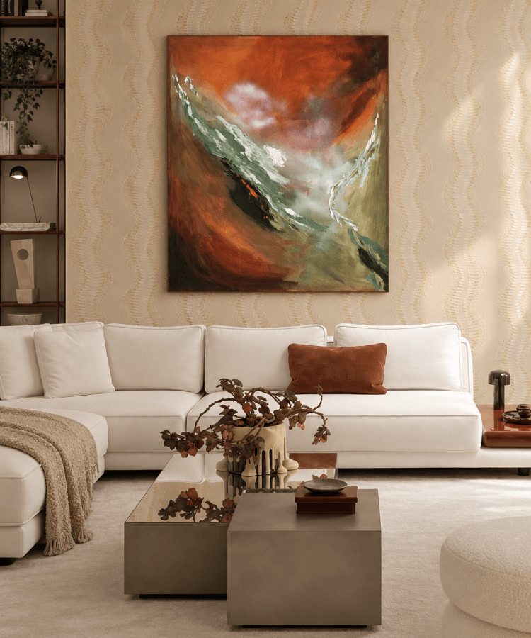 Groot abstract schilderij in beige, groen en koper voor modern interieur
